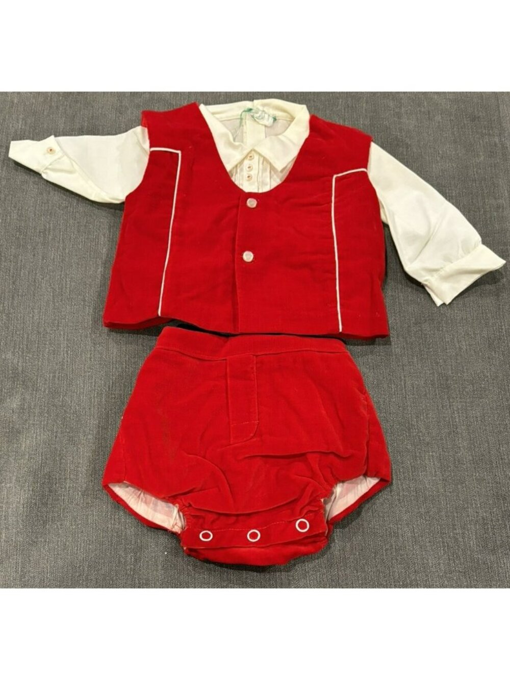 VTG Baby Boy/Toddler Red Velvet Outfit Shirt, Vest PLASTIC/VINYL LINED Bloomer
